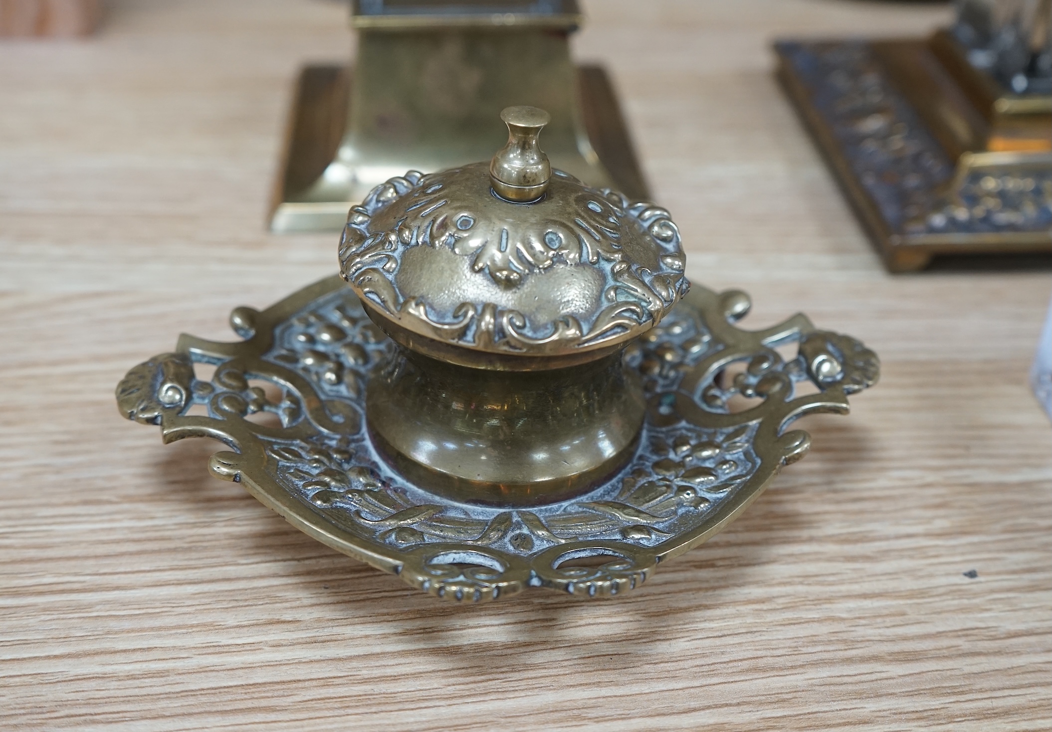 Eleven various 19th century and later inkwells, mostly brass. Condition varies